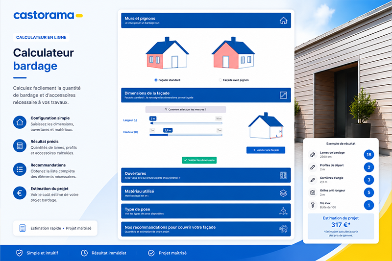 Calculateur Castorama pour estimer les quantités de bardage et accessoires nécessaires à un projet