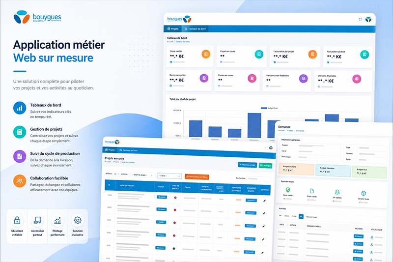 Application métier web sur mesure avec tableaux de bord, gestion de projets et suivi de production