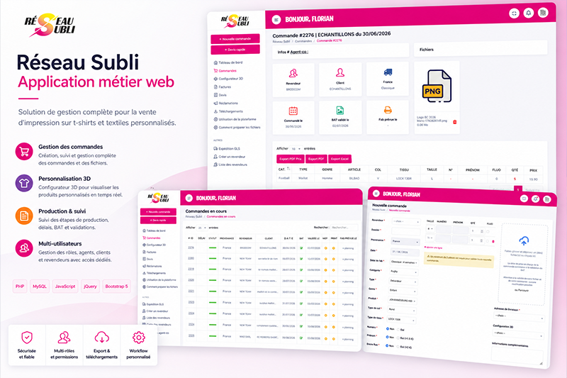 Réseau Subli, application métier web de gestion de commandes et de production textile personnalisée